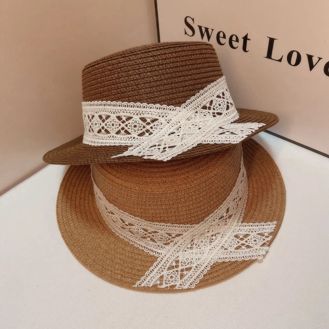 Summer Women British Style Vintage Jazz Panama Flat Top Fedora Straw Hat Wide Brin Lace Silk Ribbon Anti UV Sun Straw Hat