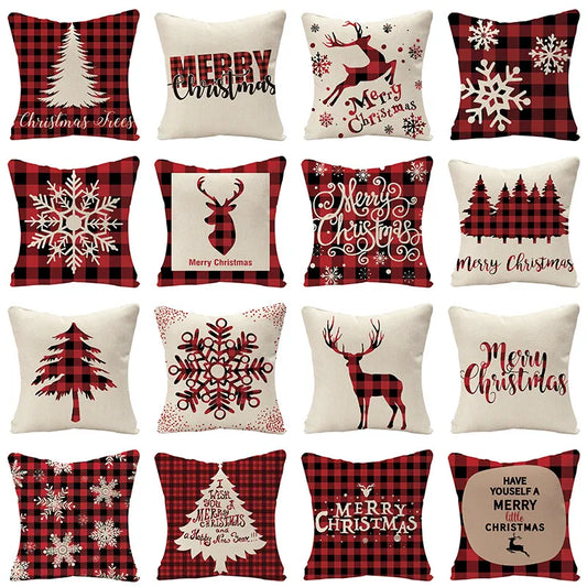 Lenjerie roșie scoțiană perne de Crăciun Case de ren arbori de reni Fulgi de zăpadă Imprimați Perne decorative de Crăciun pentru canapea canapea pat