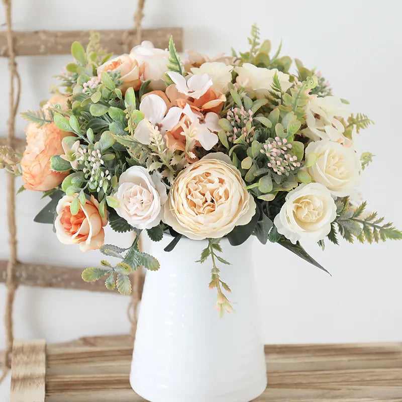 משי לבן ורדים מלאכותיים פרחים חתונה בית סתיו קישוט סתיו באיכות גבוהה בזר גדול
