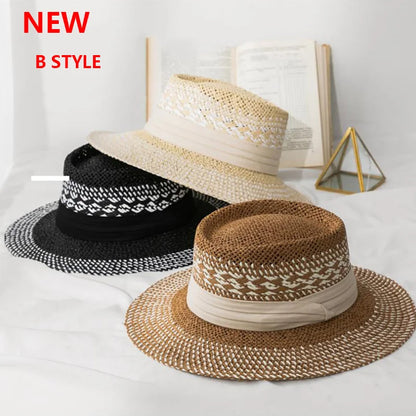2021 Ny håndlaget Straw Beach Hat for Women Summer Hat Panama Cap Fashion Concave Flat Sun Protection Visor Hats Wholesale