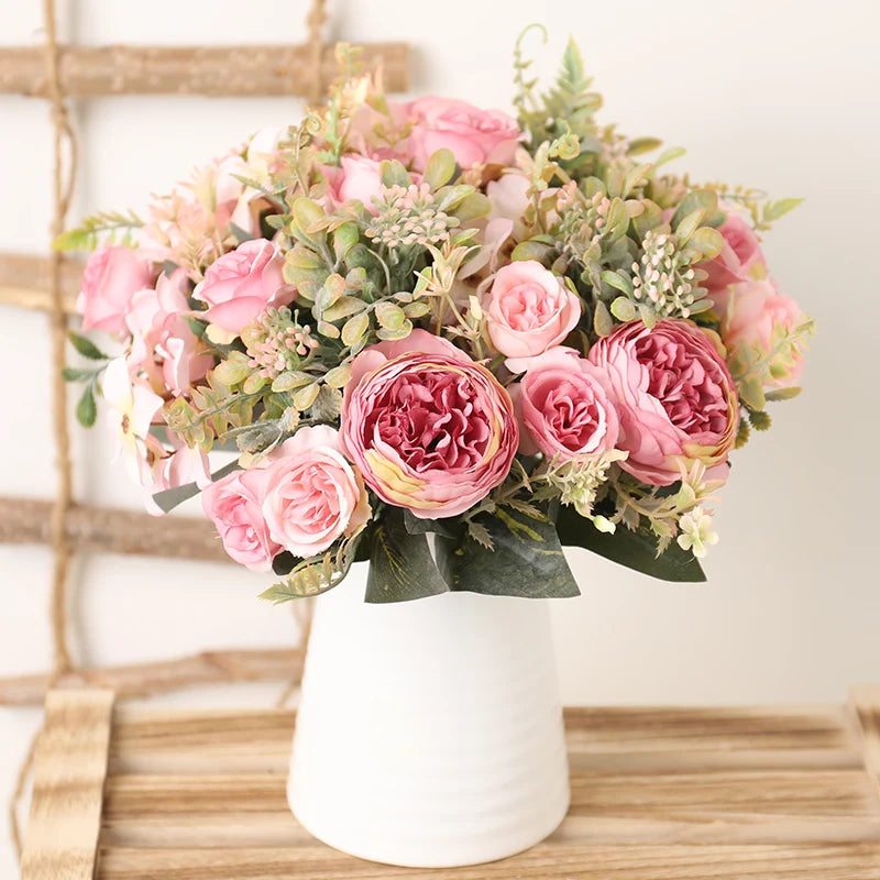 Rosas artificiales de seda blanca flores de boda decoración de otoño de otoño de alta calidad gran ramo de lujo arreglo floral falso a granel