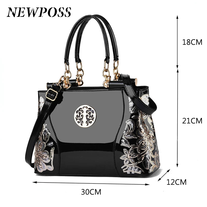 Newposs Embroidery Handbag Women Evening Bags Patent Leather Shoulder Bag Female Crossbody Bag Floral Handbag Casual Tote Bags