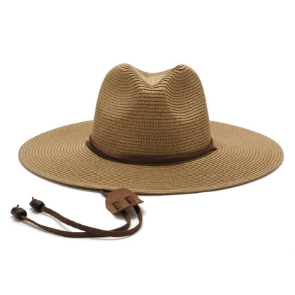 Uudet leveät reunat naiset miehet Panama Straw Hat with leuka -hihnalla kesäpuutarha ranta -hattu upf yli 50+