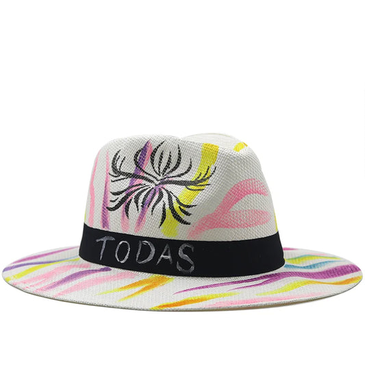 Nové letní ručně malované malování malby kravata Dye Straw Hat Women Sun Caps Vintage Panama Summerday Široká čepice pro pláž a čepici písku