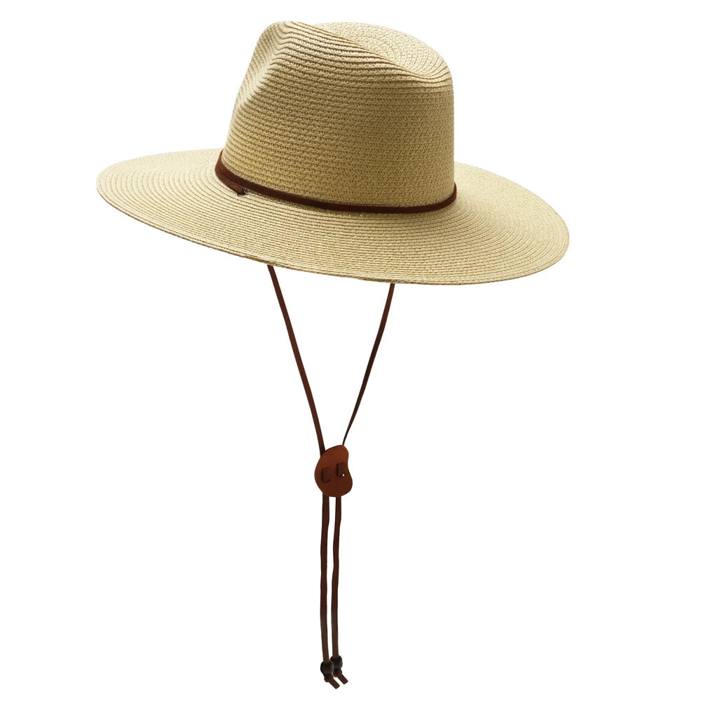 Uudet leveät reunat naiset miehet Panama Straw Hat with leuka -hihnalla kesäpuutarha ranta -hattu upf yli 50+