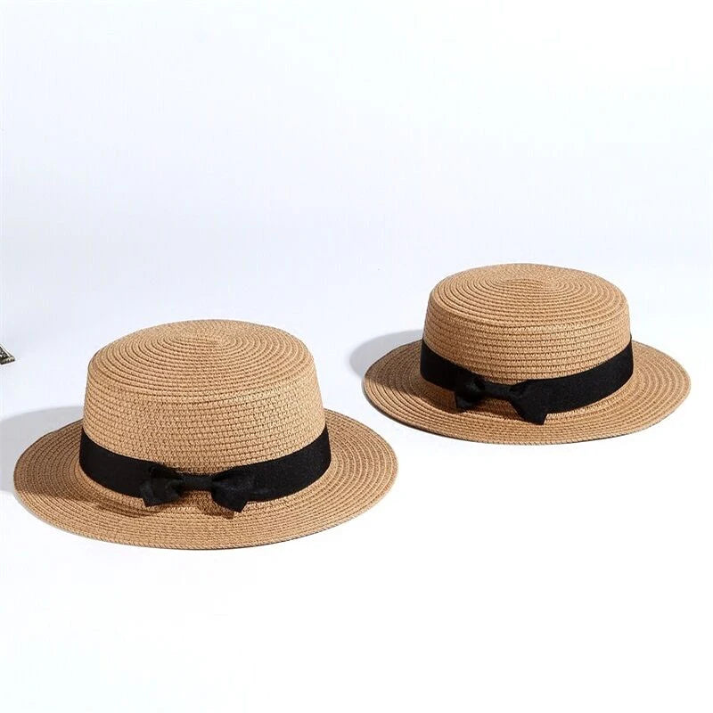 2021 Hot Sell Spring Summer Beach Sand rodzic-dziecko Sun Fedora Straw Hat Women Flat Top Straw Fedora Hat Sunshade Caps