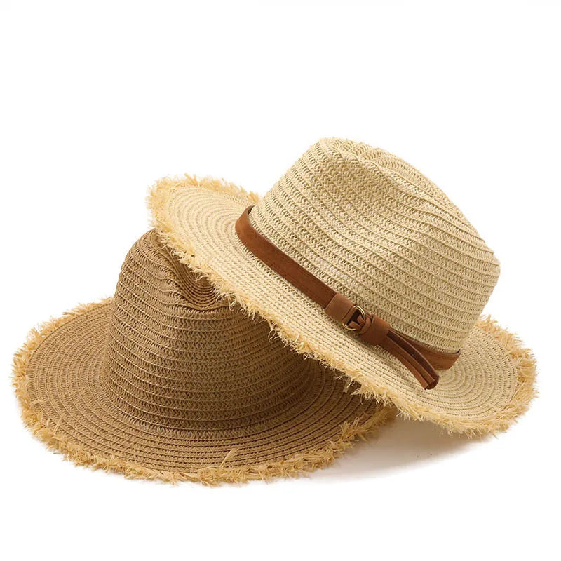 Nýtt sumar unisex strönd ferðalög sólar stráhattur breiður barm vintage djass panama kirkja fedora strá hattur skúfur barm hattur