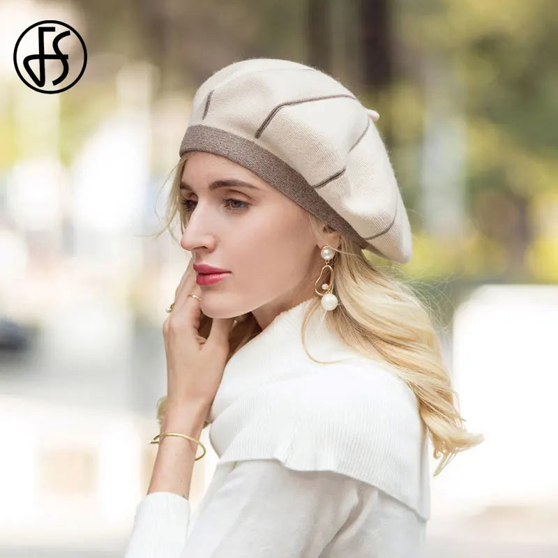 FS النساء القبعات لخريف شتاء الأبيض الفرنسية الفنان قبعة Vintage الفتيات الرسام القبعات القبعات فام الإناث قبعة دافئة 2023