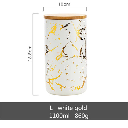 Gold-plated Marbling Sealed Ceramic Storage Jar With Bamboo Lid  Spices Tank Container Kitchen Food Bottle Coffee Tea Caddy