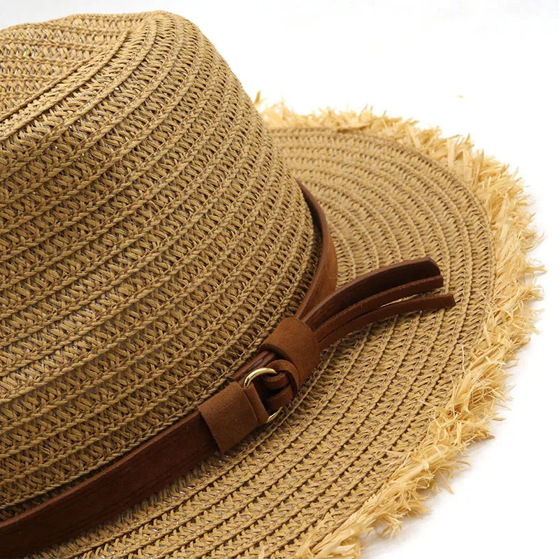 Nuova estate Unisex Beach Travel Vacone da sole Sunco di paglia larga Brim Vintage Jazz Panama Church Fedora Paglie cappello da cappello da cappello Brima Cappello