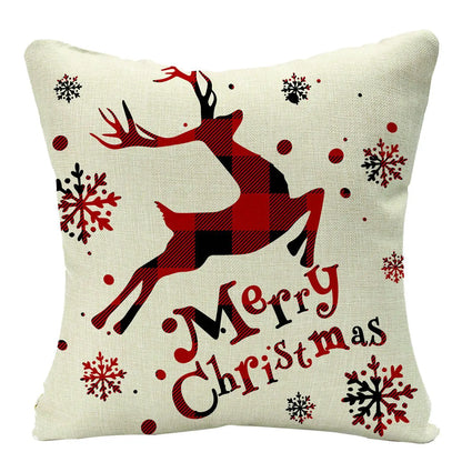 Linen Red Scottish Plaid Christmas Cushions Case Reindeer Trees Snowflakes Print Christmas Decorative Pillows for Sofa Couch Bed