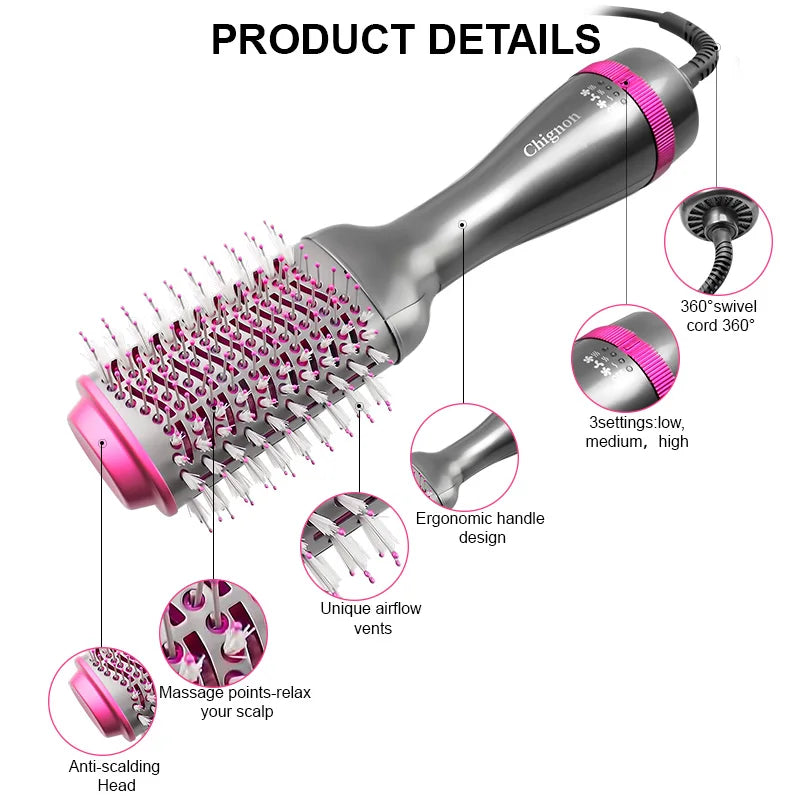 Opgradering 3 i 1 hårtørrer Volumizer Hot Air Hair Styling Brush Professionel Blow Drybor Comb Curling Iron Hair Exchultier Brush