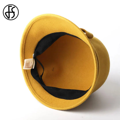 Fs Frauen schwarze Wolle Filz Cloche British Top Eimer Hut mit Bogenknoten breiter Krempel Bowler Fedoras Damen gelbe Floppy Derby Hüte