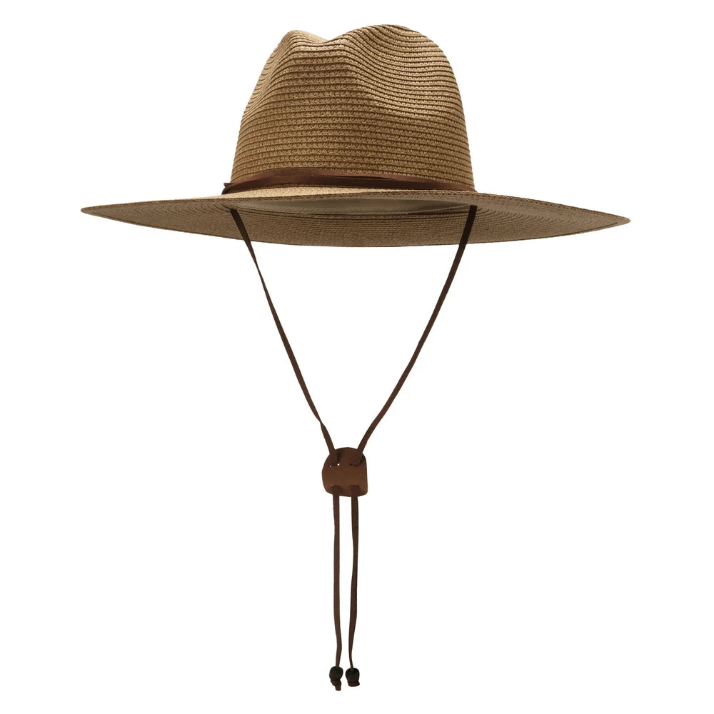 Nuevos boscos de borde para hombres Panama Panamá Sombrero de paja con correa de la barbilla Jardín de verano Beach Sun Hat upf 50+
