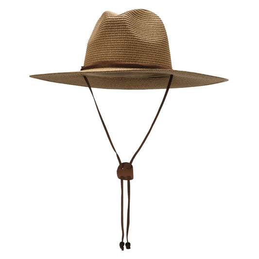 Nieuwe brede runder vrouwen Men Panama Straw hoed met kinriem zomertuin strand zon hoed upf 50+
