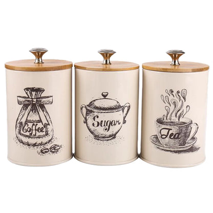 3pcs Vintage Style Tea Coffee Sugar Canisters Kitchen Tin Retro White Storage Jars Pots Food Storage Containers