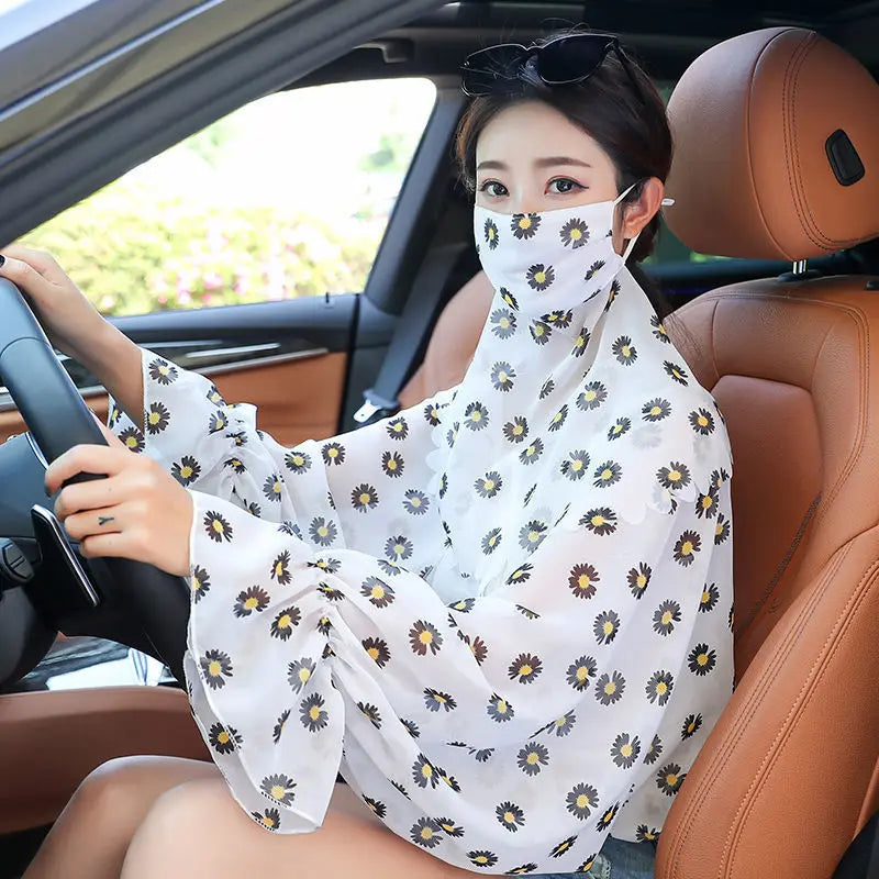 Womens Summer Fashion Floral Print Shawl Ice Silk Anti-ultraviolet Sleeve Veil Suit Driving Cycling Sun Protection Arm Warmers