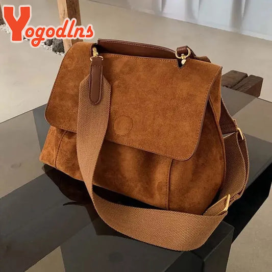 Yogodlns Autumn Winter Fleece Shoulder Bag Female Frosted Leather Crossbody Bag Retro Crossbody Bag Large Capacity Messenger Bag
