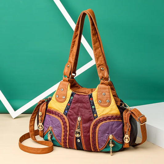 Tísku öxlpoki kvenkyns mjúkur pu leðurhandfangi stór afkastageta crossbody poki vintage lady handtösku casul multicolor poki