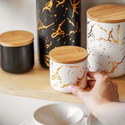 Gold-plated Marbling Sealed Ceramic Storage Jar With Bamboo Lid  Spices Tank Container Kitchen Food Bottle Coffee Tea Caddy