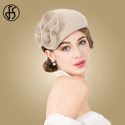 FS Ladies Wool Fascinator Hats til bryllupskvinder Elegant Tea Party Formel vintage Pillbox Hatfelt Flower Fedoras Chapeau femme