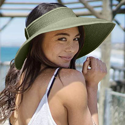 2021 Summer Folding Empty Top Hat Straw Hat Sun Hat Beach Hat UV Protective Sunshade Sun Hat Panama Women's Straw Hat