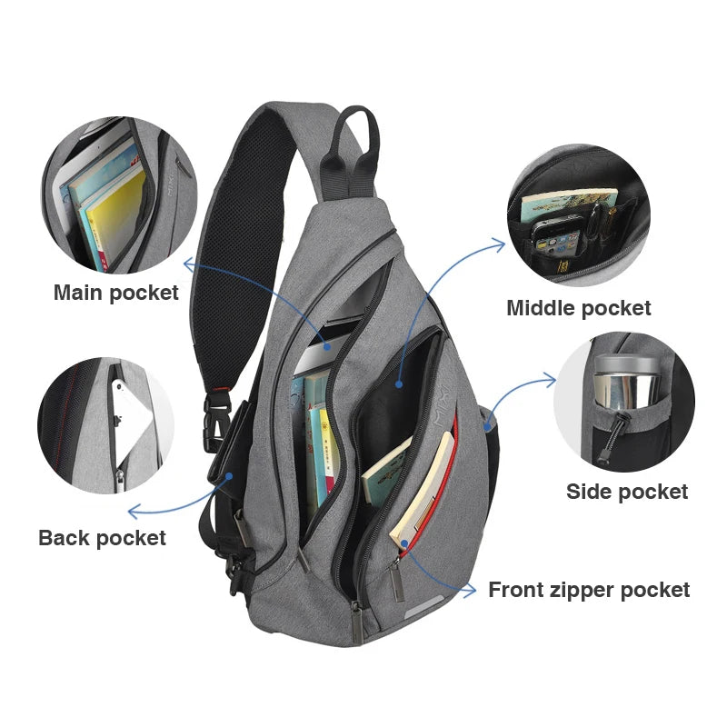 Mixi Men One ombro Backpack Women Sling Bag Crossbody meninos USB Cicling Sports Travel Viagem Versátil Moda Bag Estudantil Escola