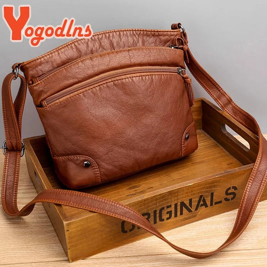 Yogodlns Vintage Soft Soft Pu Lëkurë Baganta Shoulder Femer Zipper Messenger Handbag Marks