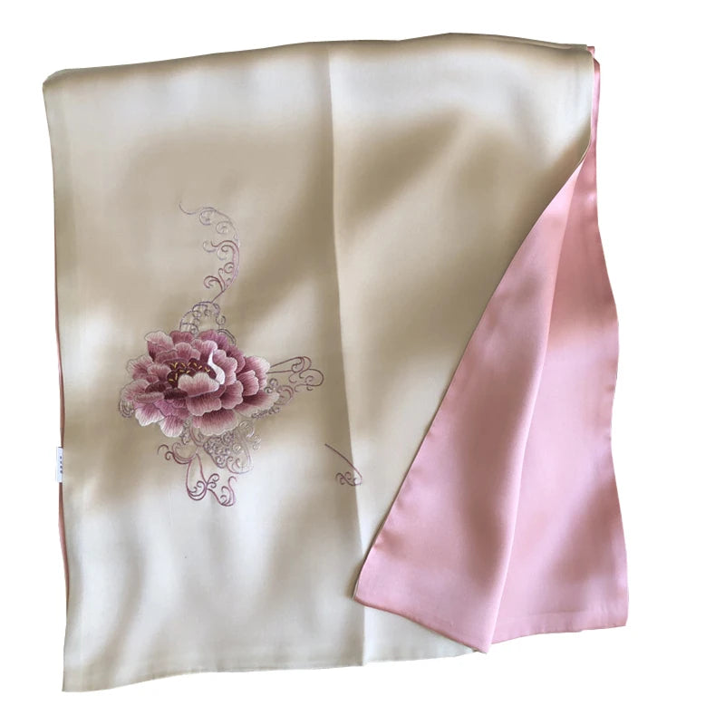 Peony 100% silke tørklæde Kvinder broderet mode elegant pashmina gaveindpakning ægte silke tørklæde sjal