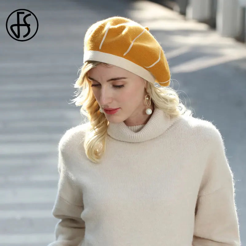 FS النساء القبعات لخريف شتاء الأبيض الفرنسية الفنان قبعة Vintage الفتيات الرسام القبعات القبعات فام الإناث قبعة دافئة 2023