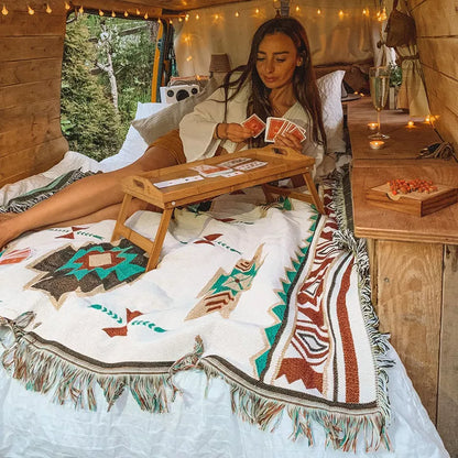Stammesdecke Indische Außenteppiche Camping Picknick Decke Boho Dekorative Bettdecke Plaidsofa Matten Reisen Teppich Tassels Leinen Leinen