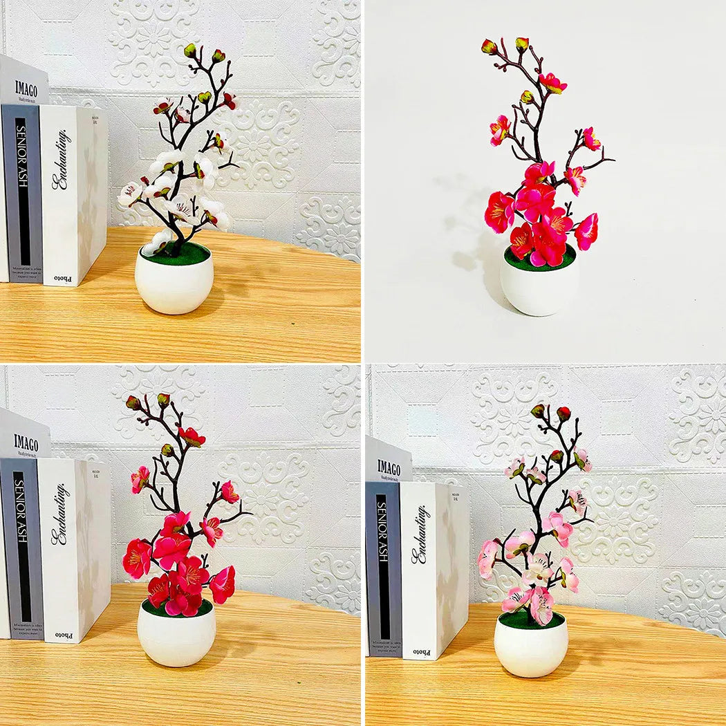 1pcs Bonsai Silk Flowers Plum Artificial Potted Plants Blossoms Simulation Winter Plum Branch Vases Wedding Home Room Decorate