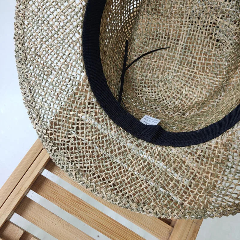 2021 Nový ručne vyrábaný slamený plážový klobúk pre ženy letná čiapka Panama Cap Módne konkávne ploché ochranu pred slnkom