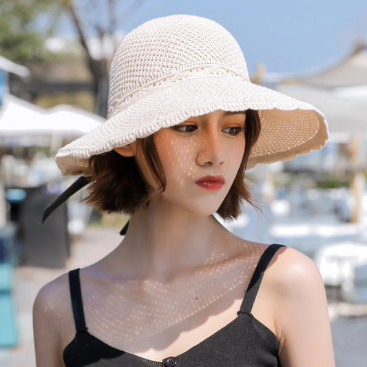 Verë femra Sun Sun Hats Big Brim Classic Classic Bowknot Moda e palosshme e modës së palosshme Casual Beach Beach Cap për Gratë UV të mbrojtura nga gratë