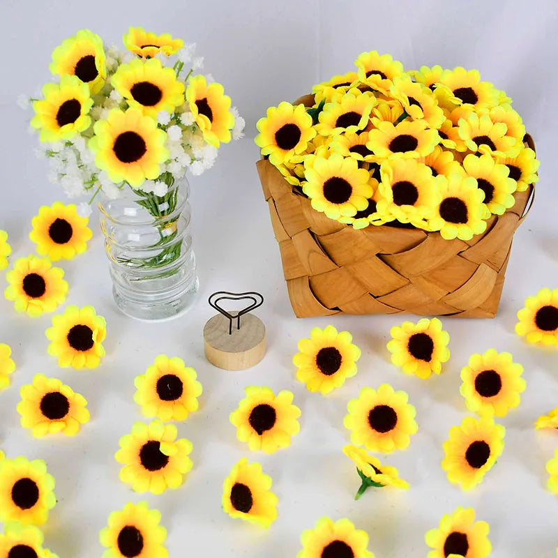 50/100 stk 4,5 cm Mini Artificial Flower Silk Sunflower Head Diy Wreath Scrapbooking Gjafakassi gulur gervi Daisy höfuð