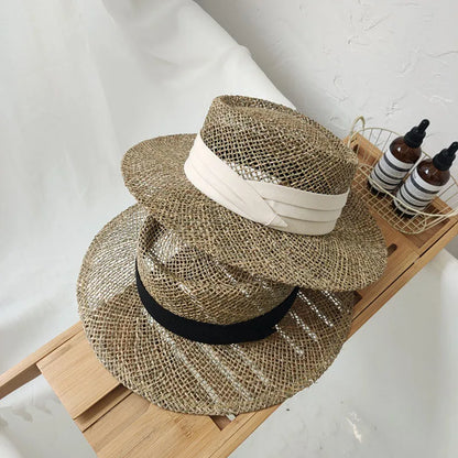2021 جديد اليدوية القش قبعة للشاطئ للنساء قبعة صيفية بنما قبعة موضة مقعر شقة حماية الشمس قبعات لا تغطي الرأس بالكامل بالجملة