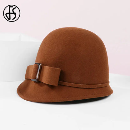FS női fekete gyapjú filc cloche brit felső vödör kalap íjknot széles karjós bowler fedoras ladies sárga floppy derby kalapok