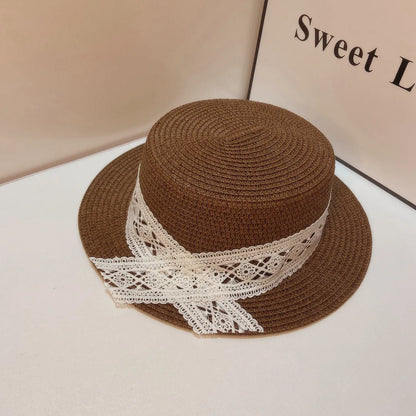 Summer Women British Style Vintage Jazz Panama Flat Top Fedora Straw Hat Wide Brin Lace Silk Ribbon Anti UV Sun Straw Hat