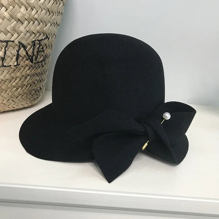 2019 Herfst- en winter Nieuwe bucketbassin van Bowknot Pearl Wool Hat vrouwelijk warme mode vrouwelijk warm