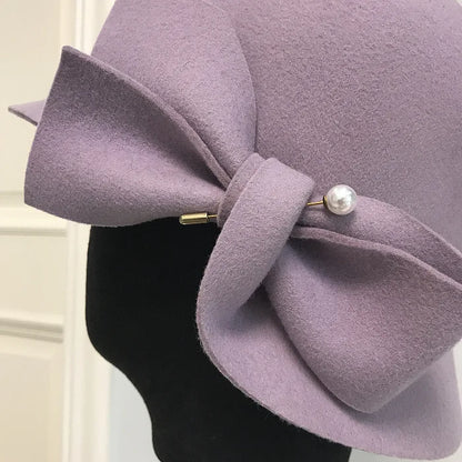 2019 Herfst- en winter Nieuwe bucketbassin van Bowknot Pearl Wool Hat vrouwelijk warme mode vrouwelijk warm