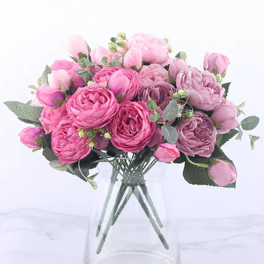 30cm rose rosa silke peony kunstige blomster bukett 5 stort hode og 4 knopp billige falske blomster for hjem bryllup dekorasjon innendørs