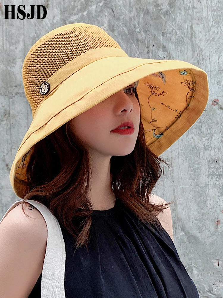 2019 קיץ גדול שוליים רחבים כובע שמש לנשים רשת UV הגנה על כובע חוף נשי כובעי דלי של כובעי דלי של גברת