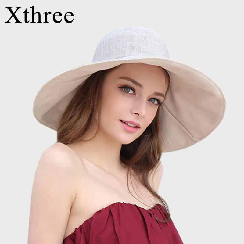 قبعة صيفية قابلة للعكس للنساء من Xthree بحافة كبيرة من القطن والكتان قبعة للشاطئ قبعة شمسية للسيدات على الطراز الإنجليزي