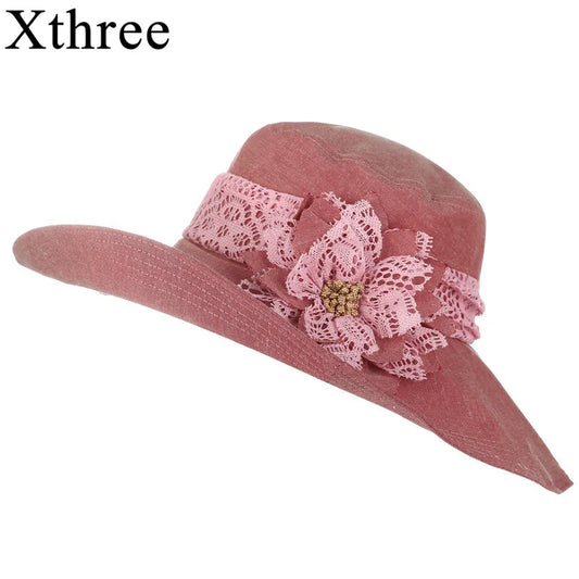 XTHREHREE CHAPEU feminino nap kalap nők számára Virág összecsukható nyári kalap Beach Vintage Sinamay Fascinator