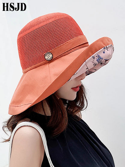 2019 Summer Big Wide Brim Flower Sun Hat for Women Mesh UV Protection Beach Hat Kvindelig Netten Foldbar Sun Hats Lady's Bucket Hat