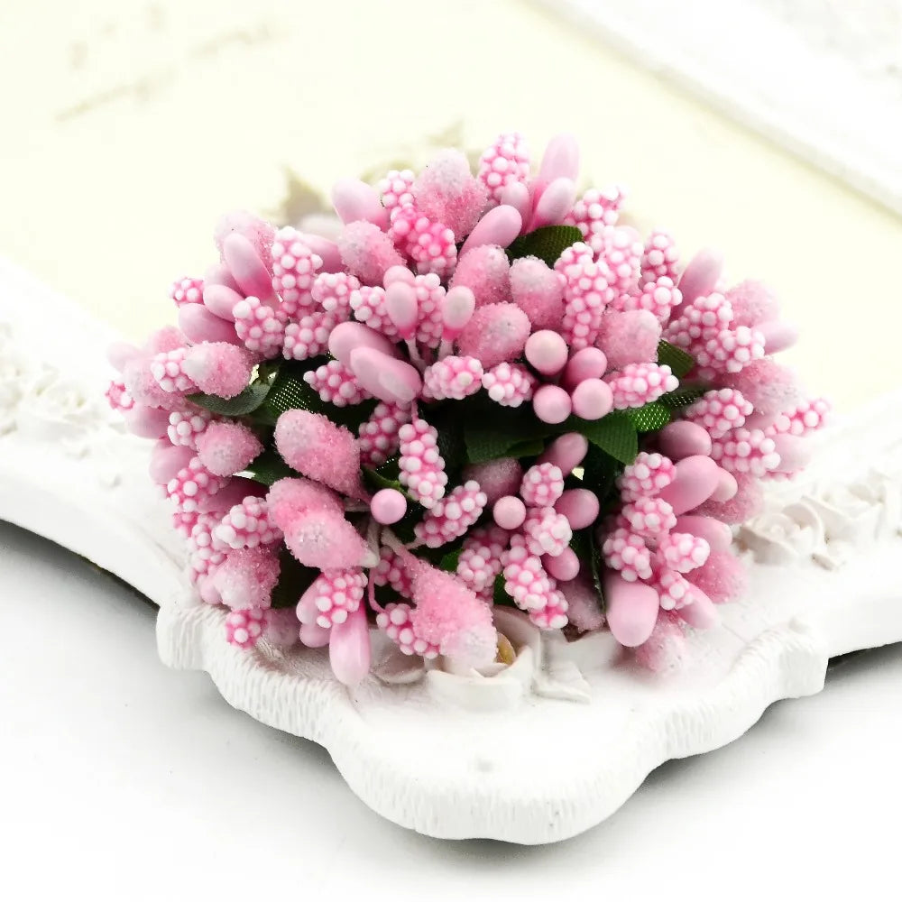 12 PCS Mini Bud Stamens Family Garden Handmade Bouquet Bouquet Boda Feliz Navidad Decoración de perlas Diy Flores falsas