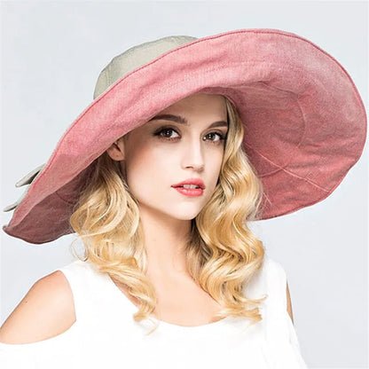 Xthree כובע קיץ הפיך לנשים Superlarge Bire Beach Cap כובע שמש כובע אנגליה נשי סגנון
