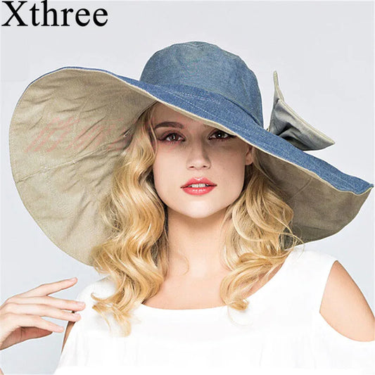 Xthree Reversible Summer Hat for Women Superarlig Brim Beach Cap Sun Hat Kvinne England Style