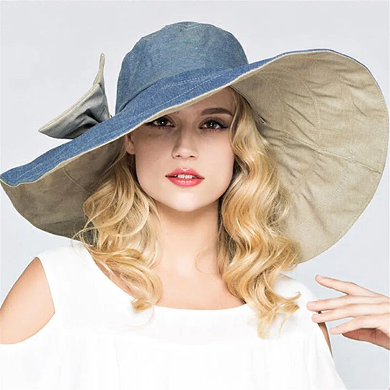 XThree Reversible Summer Hat for Women Superlarge Brim Beach Cap Sun Hat Kvindelig England -stil