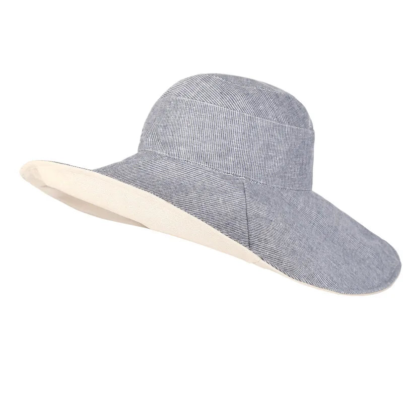 XTHREE reversível chapéu de verão para mulheres grandes linhas de linho de linho de linhas de praia chapéu de sol feminina Inglaterra estilo